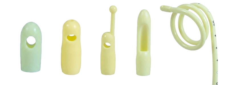 5 types of nasogastric and nasointestinal feeding tube tips including bullet, spiral, and weighted designs for enteral nutrition.